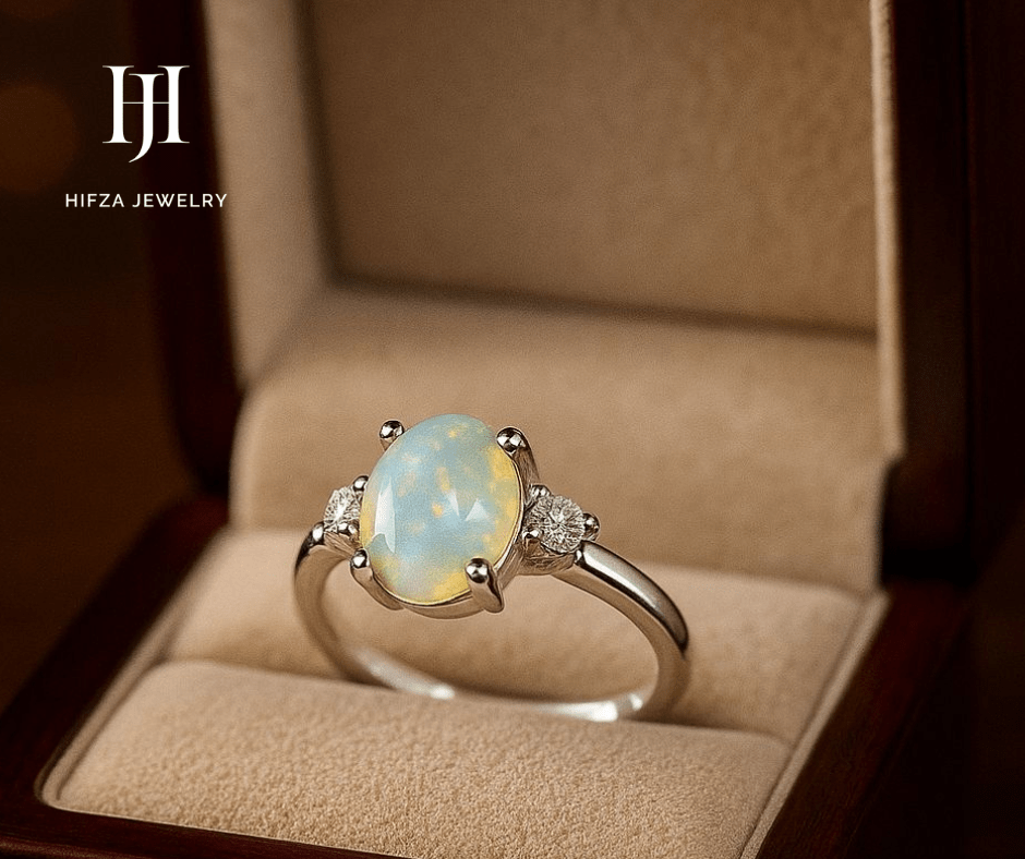 Elegant Opal & Diamond Ring | Silver | Oval Cut Gemstone Jewelry – Buy Online | Hifza Jewelers