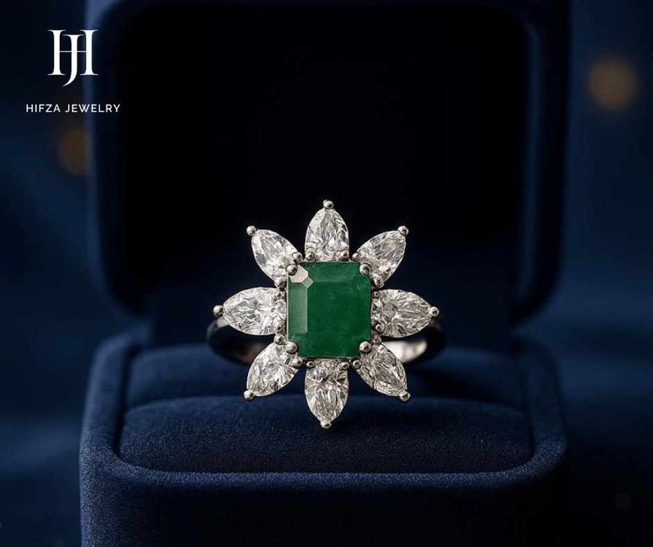 Floral Halo Emerald & White Gemstone Ring in Sterling Silver – Buy Online | Hifza Jewelers