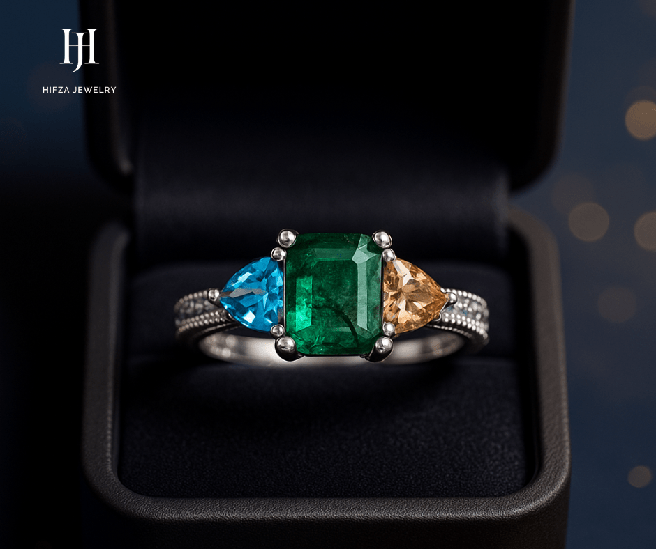 "Luxury Tri - Gemstone Silver Ring – Natural Emerald, Swiss Blue Topaz & Champagne Zircon | Hifza Gems & Jewels" – Buy Online | Hifza Jewelers