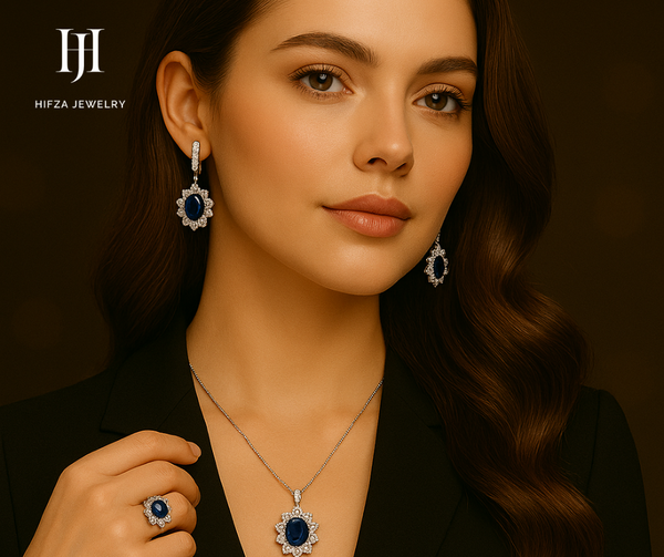 Elegant Sapphire Jewelry Set – Necklace, Earrings & Ring