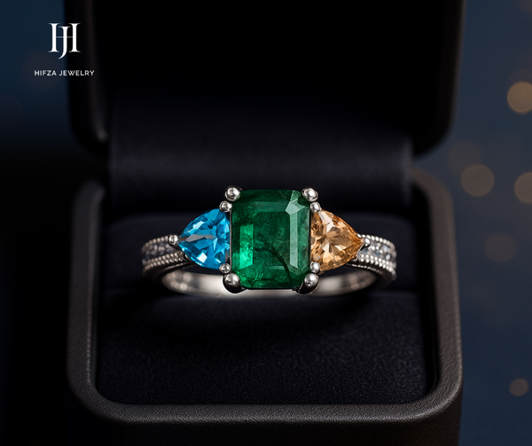"Luxury Tri-Gemstone Silver Ring – Natural Emerald, Swiss Blue Topaz & Champagne Zircon | Hifza Gems & Jewels"