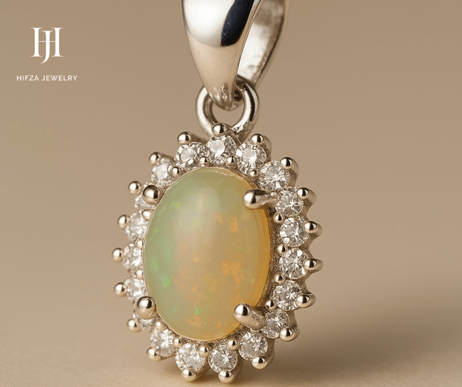 Premium Opal Pendant with Sparkling Zircon Halo ā Elegant Sterling Silver Jewelry ā Buy Online | Hifza Jewelers