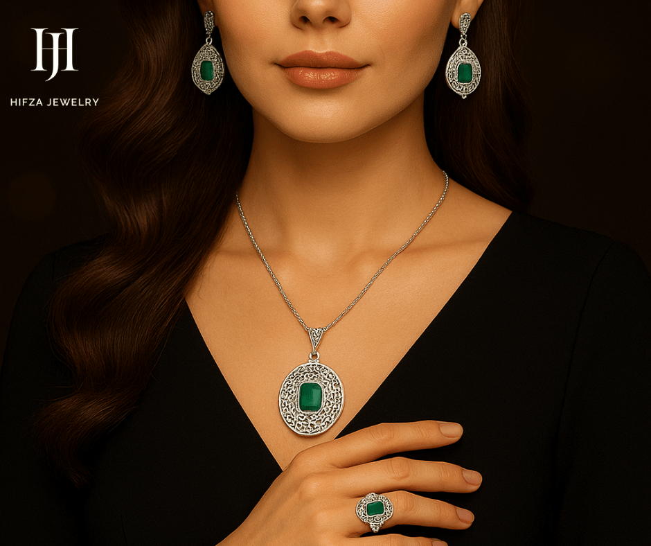 Vintage Emerald & Silver Filigree Jewelry Set β Necklace, Earrings & Ring β Buy Online | Hifza Jewelers