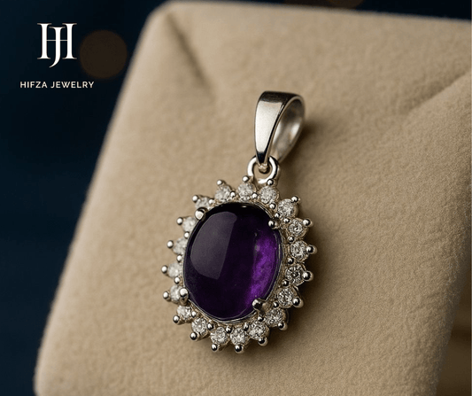 Elegant Amethyst Pendant in Sterling Silver with Halo Design – Buy Online | Hifza Jewelers