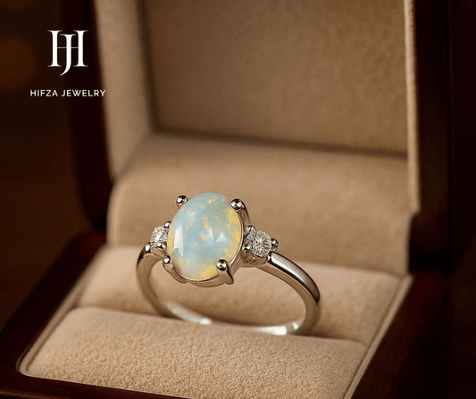Elegant Opal & Diamond Ring | Silver | Oval Cut Gemstone Jewelry – Buy Online | Hifza Jewelers
