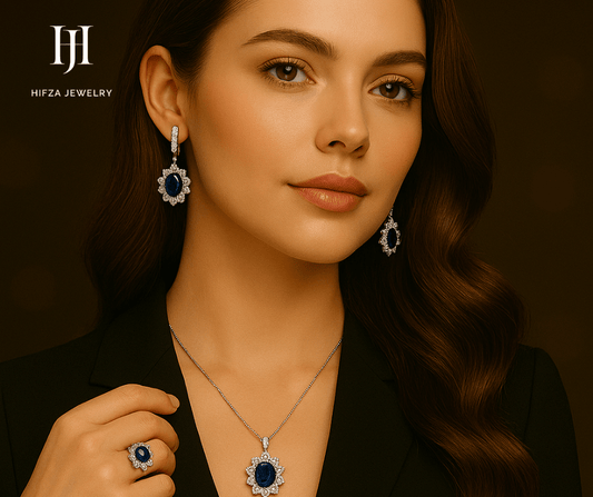 Elegant Sapphire Jewelry Set – Necklace, Earrings & Ring – Buy Online | Hifza Jewelers
