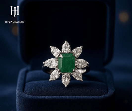 Floral Halo Emerald & White Gemstone Ring in Sterling Silver – Buy Online | Hifza Jewelers