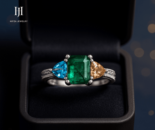 "Luxury Tri - Gemstone Silver Ring – Natural Emerald, Swiss Blue Topaz & Champagne Zircon | Hifza Gems & Jewels" – Buy Online | Hifza Jewelers