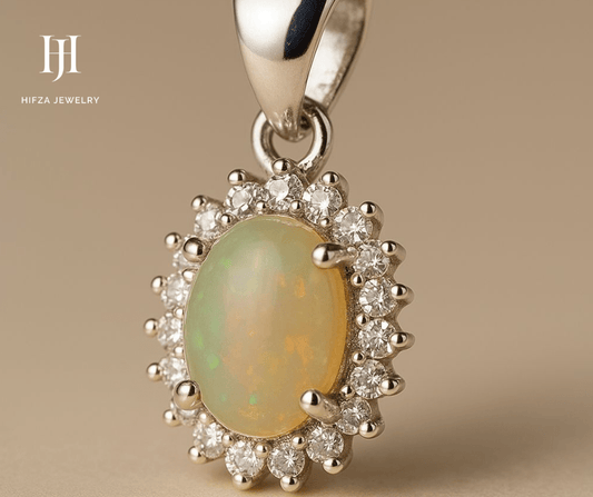 Premium Opal Pendant with Sparkling Zircon Halo – Elegant Sterling Silver Jewelry – Buy Online | Hifza Jewelers
