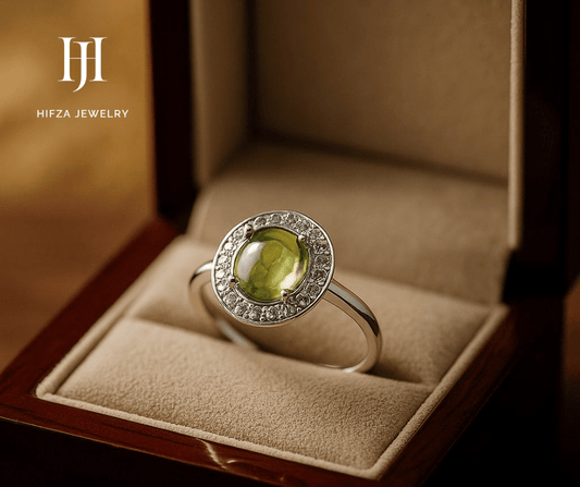 Silver Peridot Halo Ring | Clear Stone Accents | Elegant Jewelry – Buy Online | Hifza Jewelers