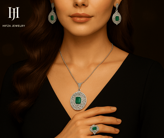 Vintage Emerald & Silver Filigree Jewelry Set – Necklace, Earrings & Ring – Buy Online | Hifza Jewelers